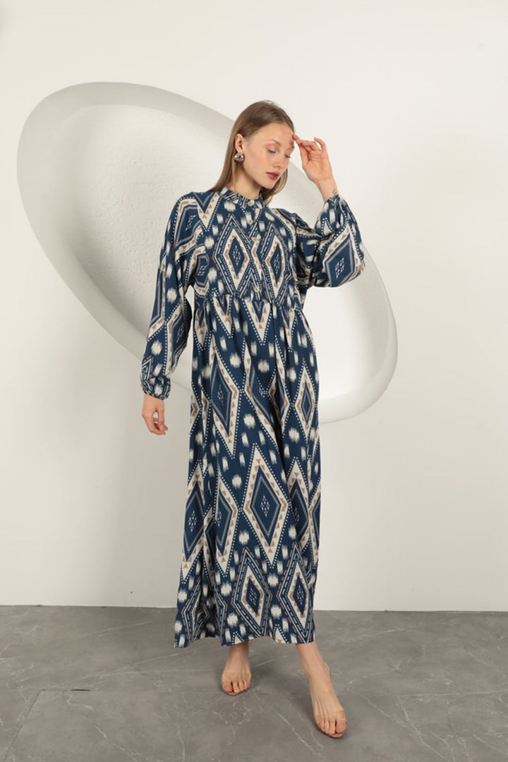 KKT Viscose Fabric Ethnic Pattern Dress-Navy Blue - Ramapo