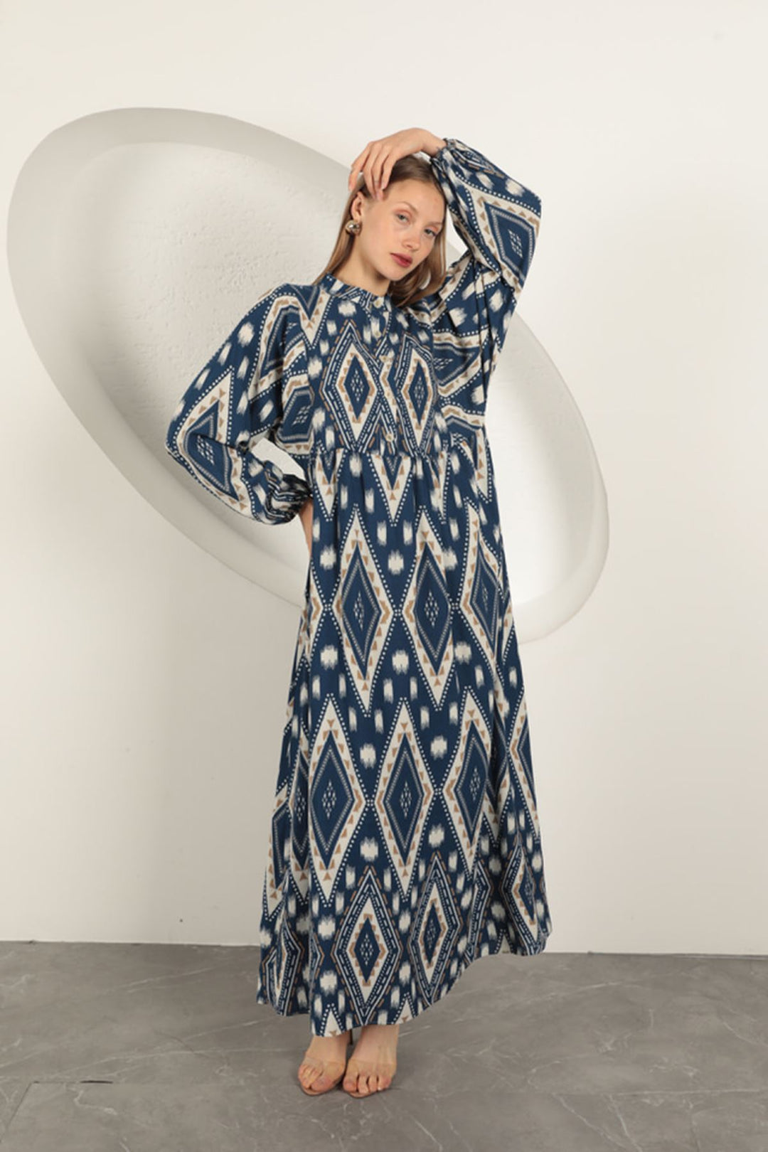 KKT Viscose Fabric Ethnic Pattern Dress-Navy Blue - Ramapo