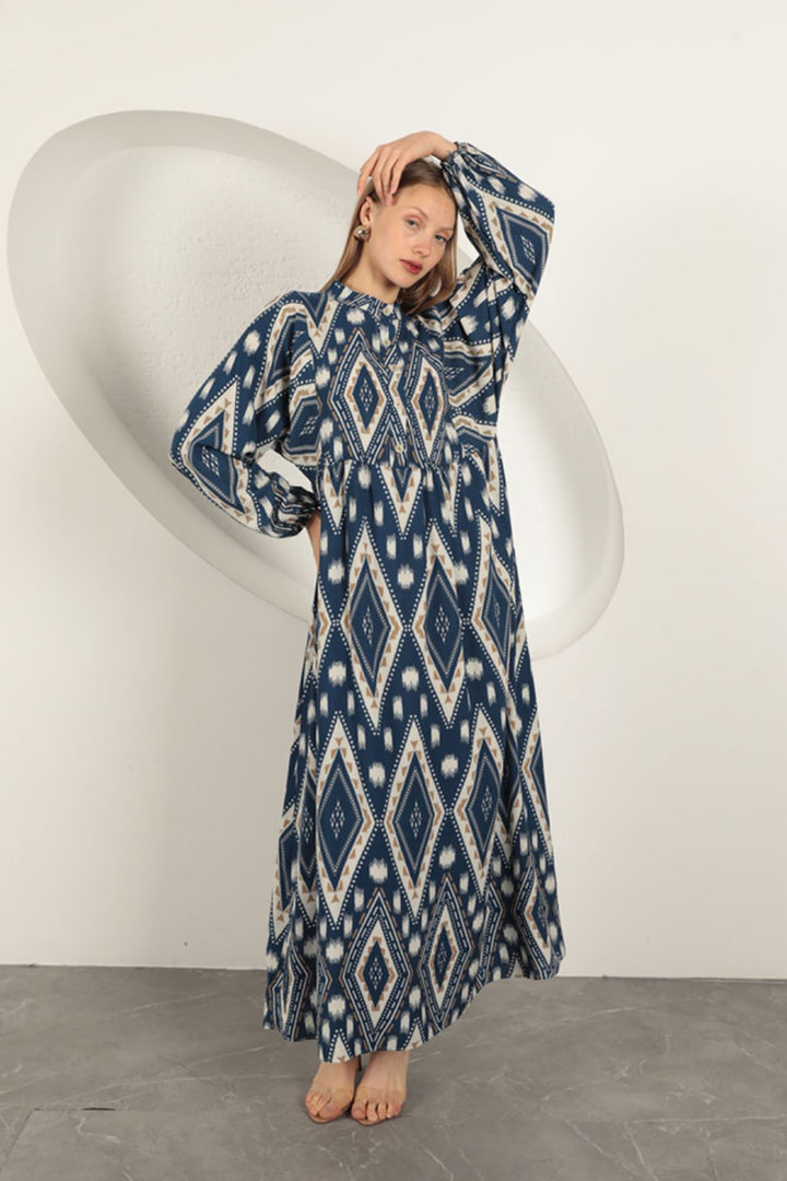 KKT Viscose Fabric Ethnic Pattern Dress-Navy Blue - Ramapo