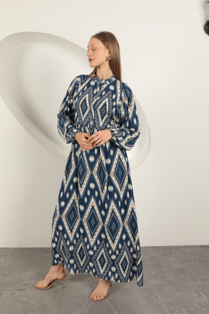 KKT Viscose Fabric Ethnic Pattern Dress-Navy Blue - Ramapo