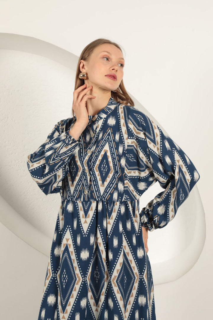 KKT Viscose Fabric Ethnic Pattern Dress-Navy Blue - Ramapo