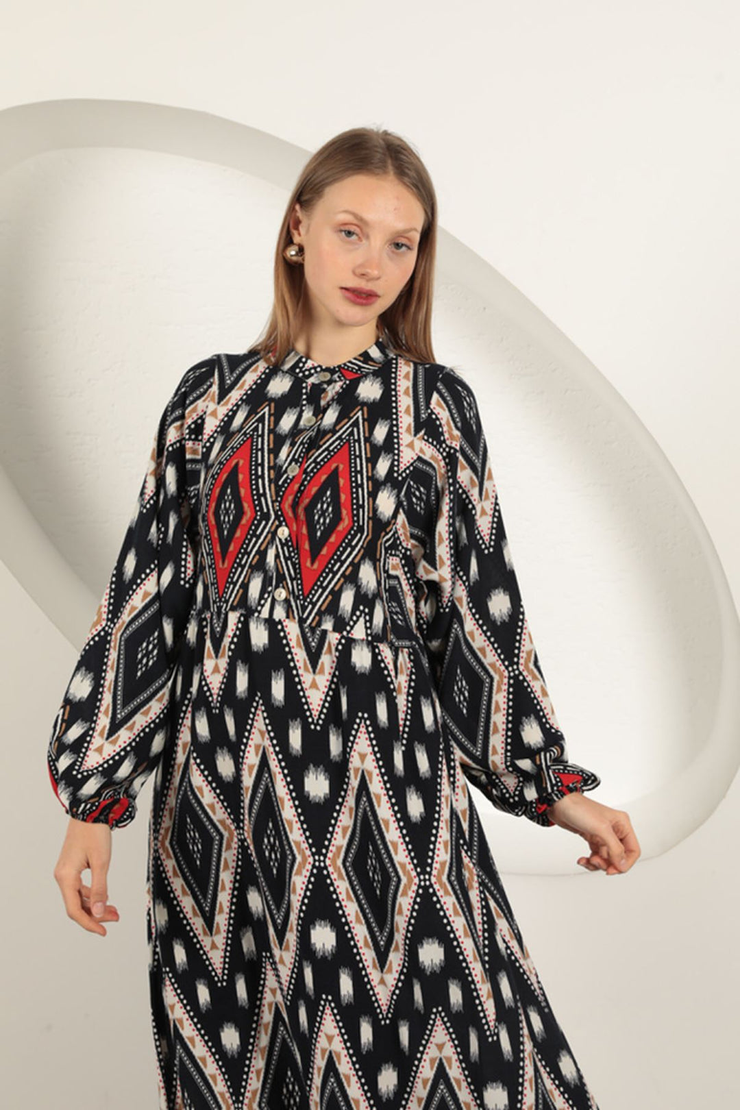 KKT Viscose Fabric Ethnic Pattern Dress-Red - Panevėžys