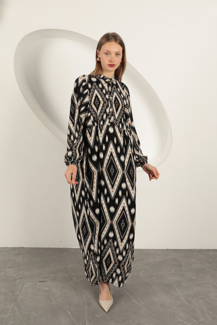 KKT Viscose Fabric Ethnic Pattern Dress-Black - Brantford