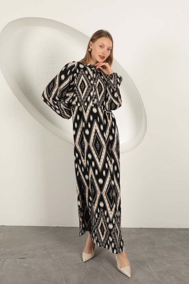 KKT Viscose Fabric Ethnic Pattern Dress-Black - Brantford