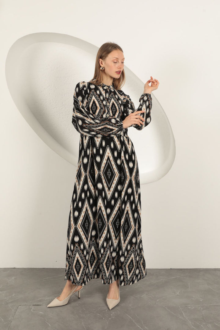 KKT Viscose Fabric Ethnic Pattern Dress-Black - Brantford