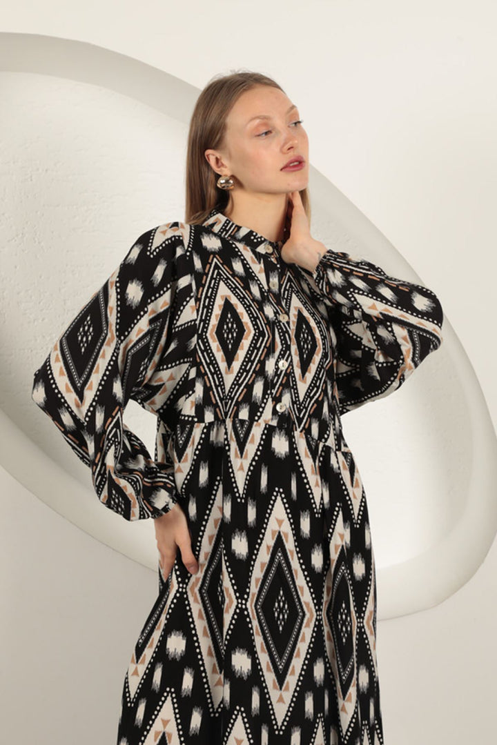 KKT Viscose Fabric Ethnic Pattern Dress-Black - Brantford