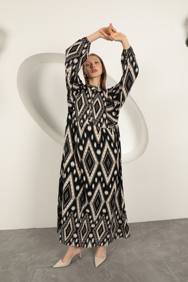 KKT Viscose Fabric Ethnic Pattern Dress-Black - Brantford