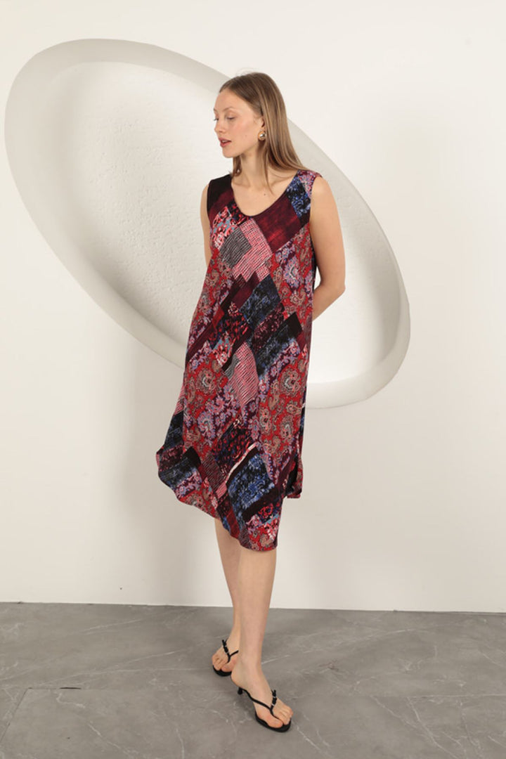 KKT Viscose Fabric Ethnic Patterned Dress-Burgundy - Cieza