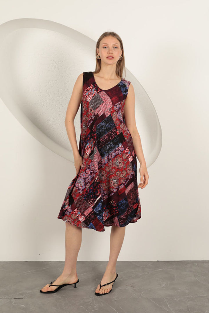 KKT Viscose Fabric Ethnic Patterned Dress-Burgundy - Cieza
