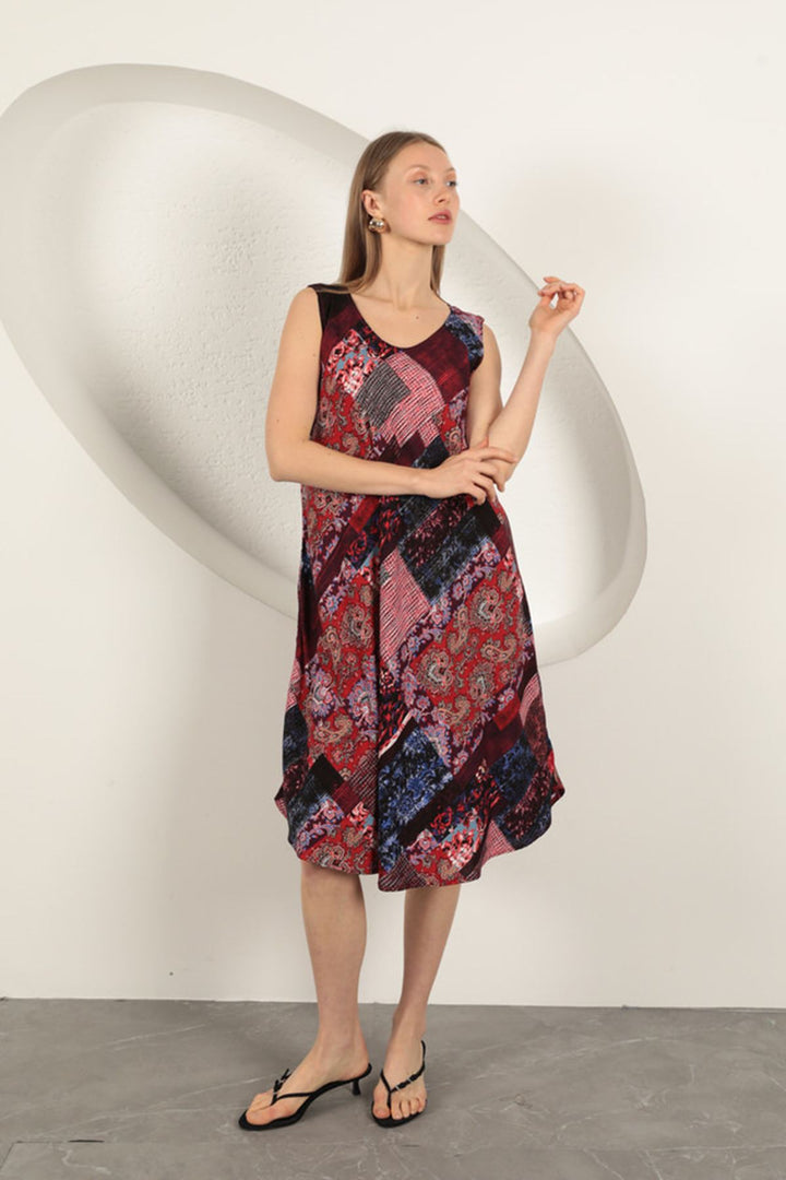 KKT Viscose Fabric Ethnic Patterned Dress-Burgundy - Cieza