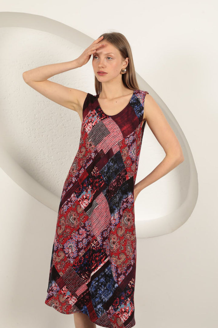 KKT Viscose Fabric Ethnic Patterned Dress-Burgundy - Cieza