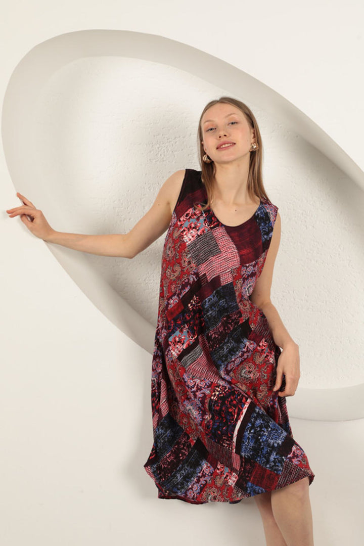 KKT Viscose Fabric Ethnic Patterned Dress-Burgundy - Cieza