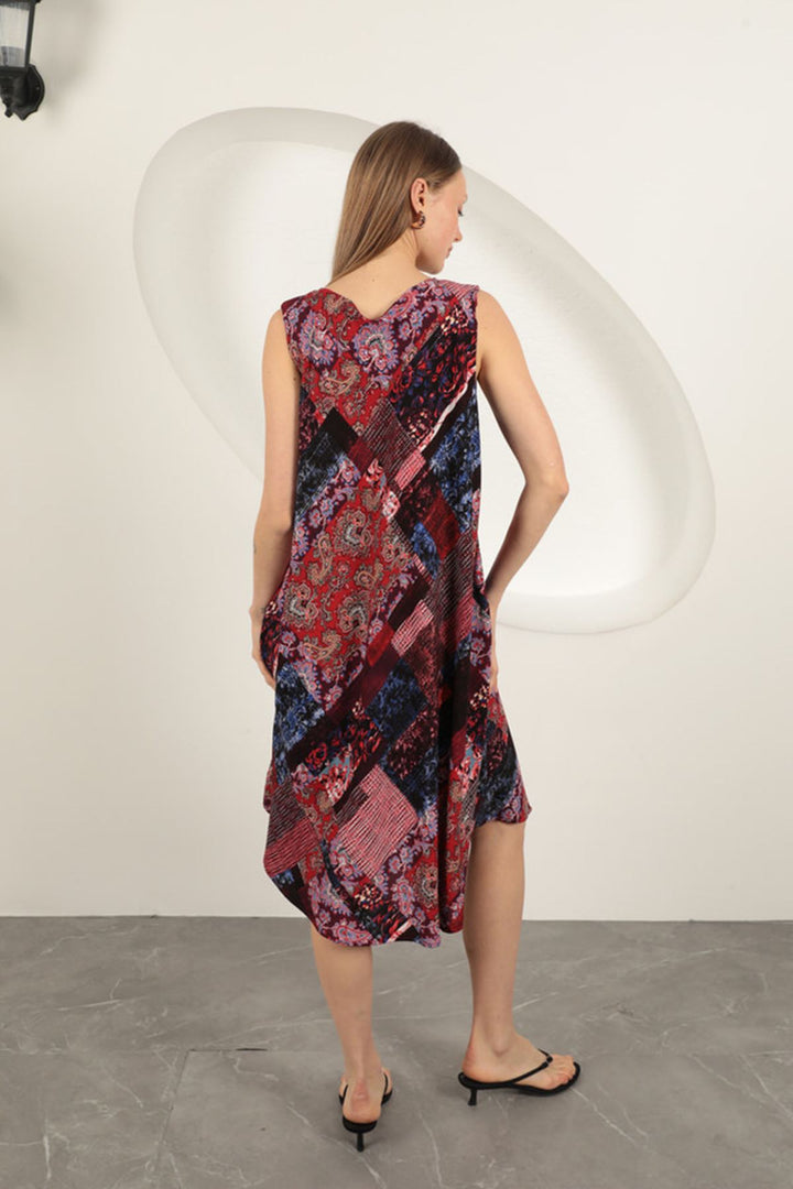 KKT Viscose Fabric Ethnic Patterned Dress-Burgundy - Cieza