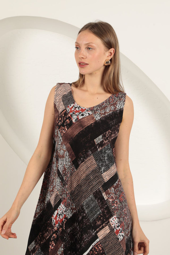KKT Viscose Fabric Ethnic Patterned Dress-Coffee - Springville