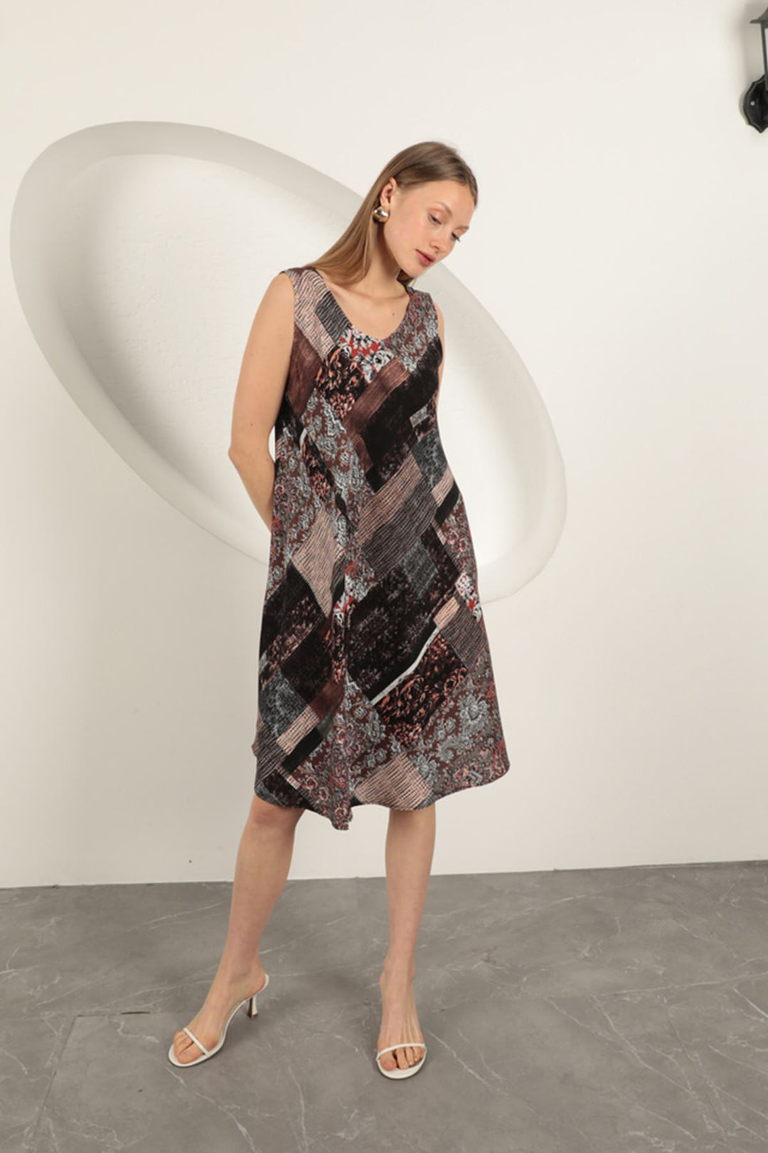 KKT Viscose Fabric Ethnic Patterned Dress-Coffee - Springville