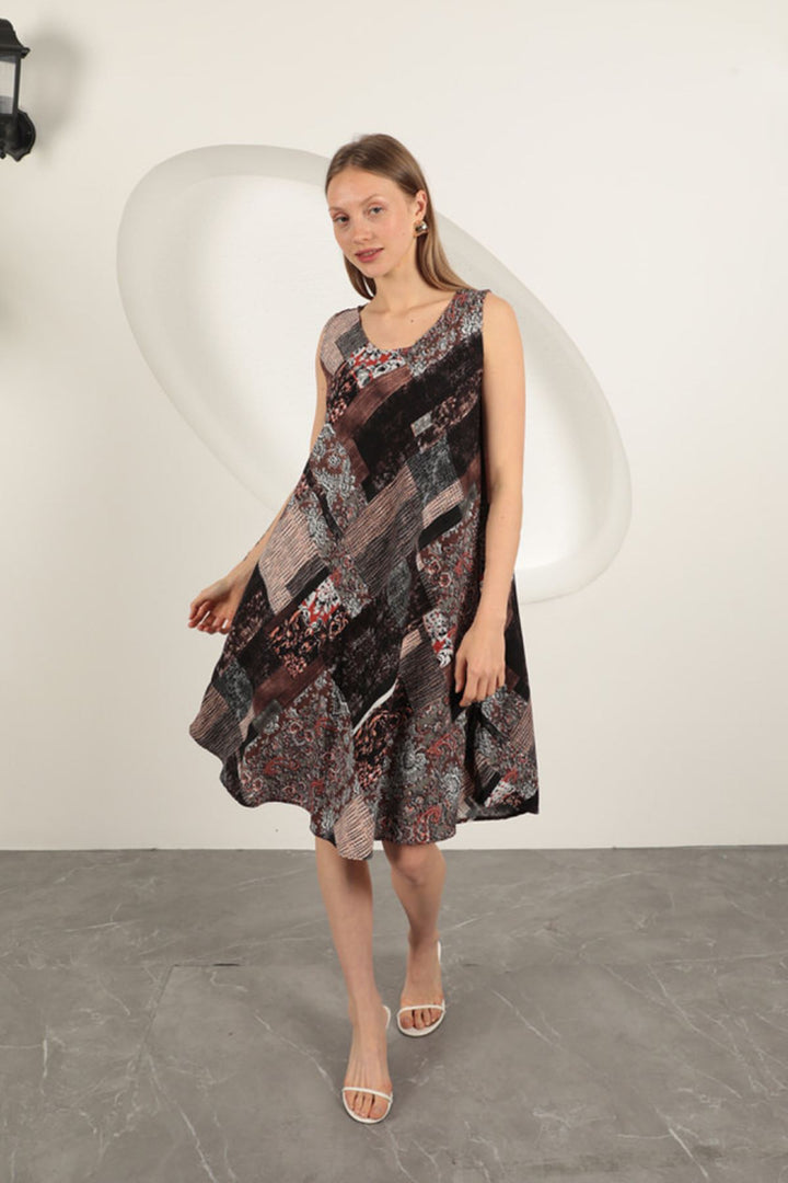 KKT Viscose Fabric Ethnic Patterned Dress-Coffee - Springville