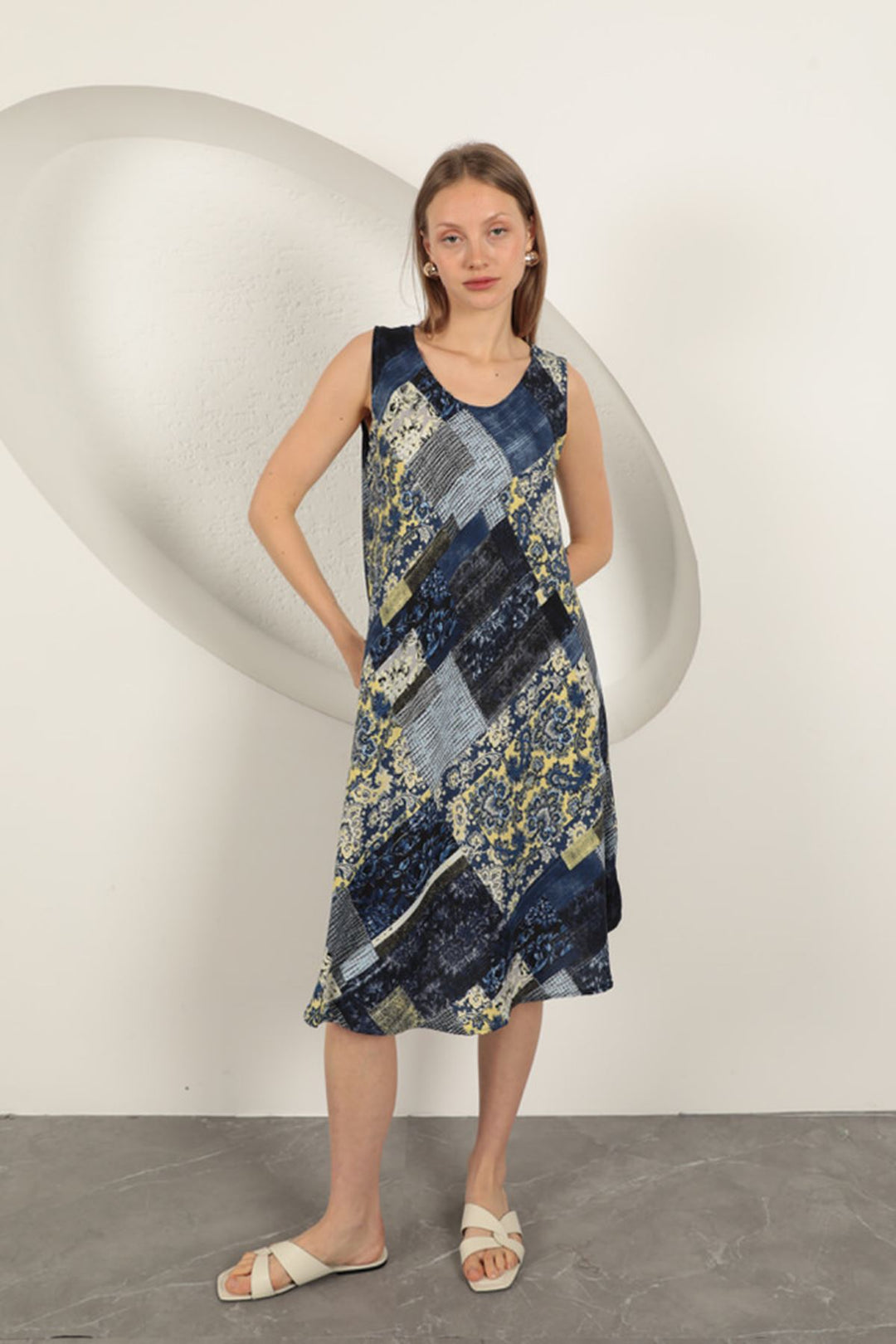 KKT Viscose Fabric Ethnic Patterned Dress-Navy Blue - Barnstable