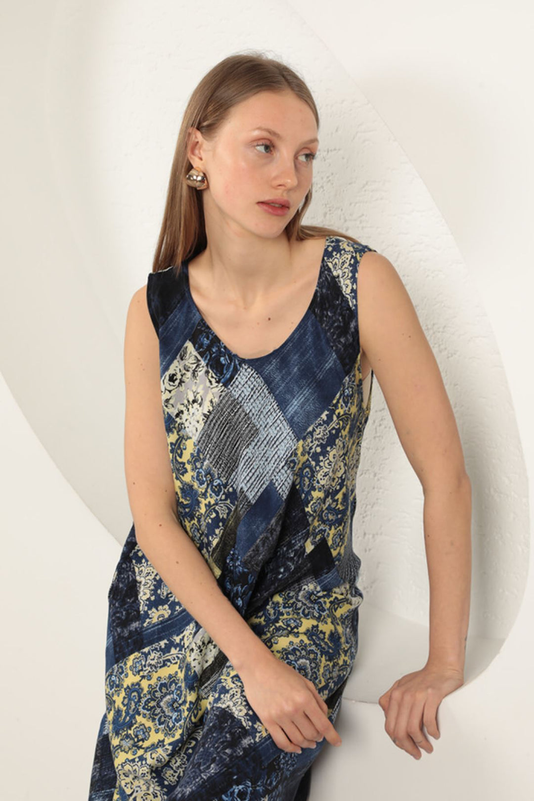 KKT Viscose Fabric Ethnic Patterned Dress-Navy Blue - Barnstable