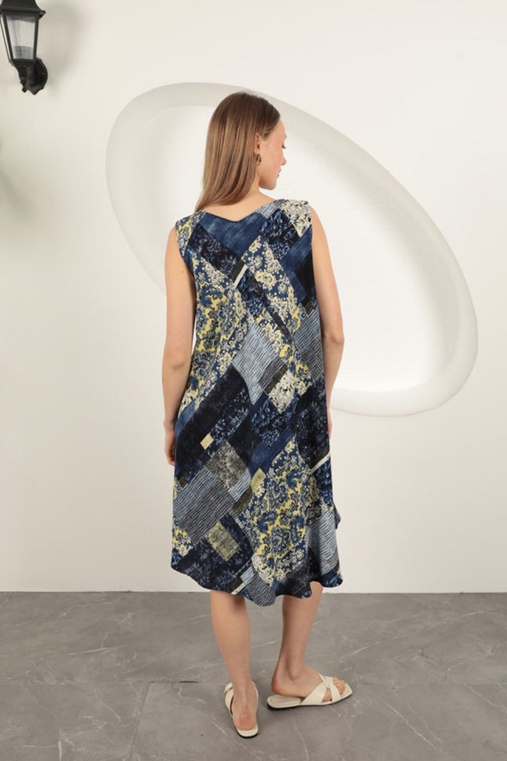 KKT Viscose Fabric Ethnic Patterned Dress-Navy Blue - Barnstable