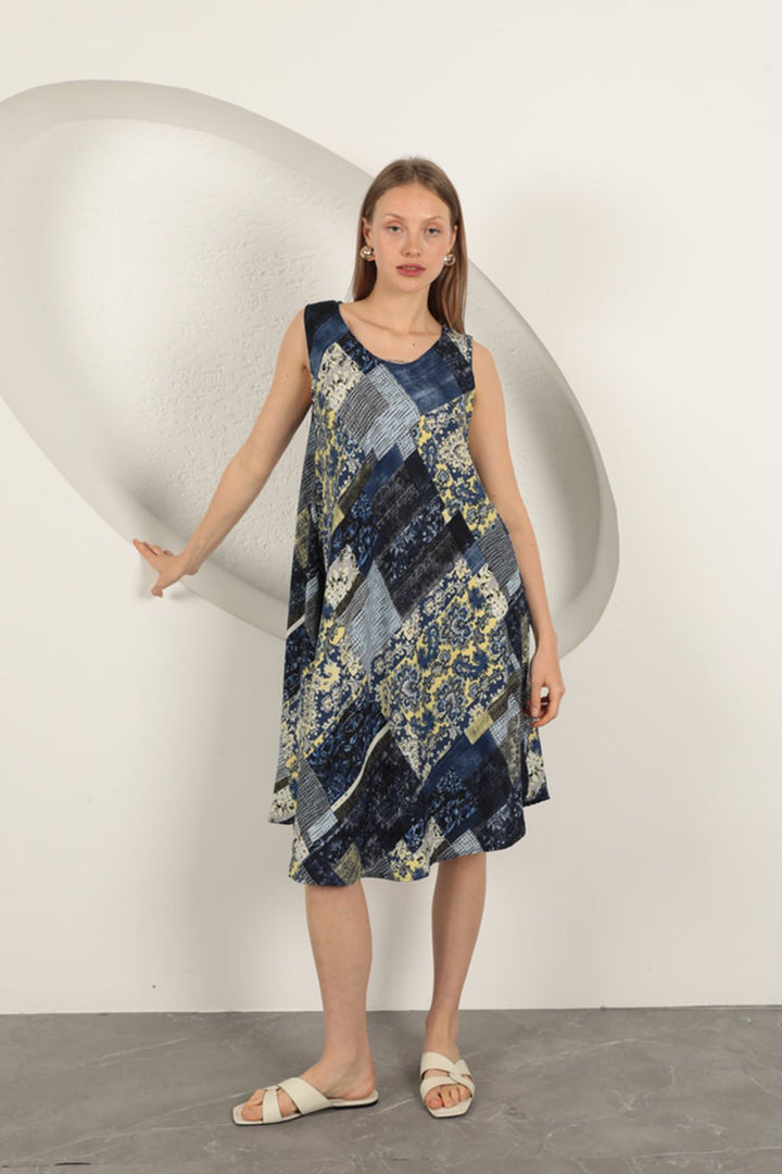 KKT Viscose Fabric Ethnic Patterned Dress-Navy Blue - Barnstable