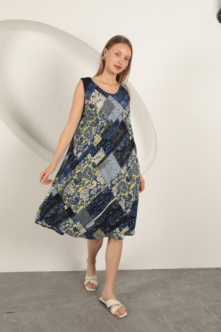 KKT Viscose Fabric Ethnic Patterned Dress-Navy Blue - Barnstable