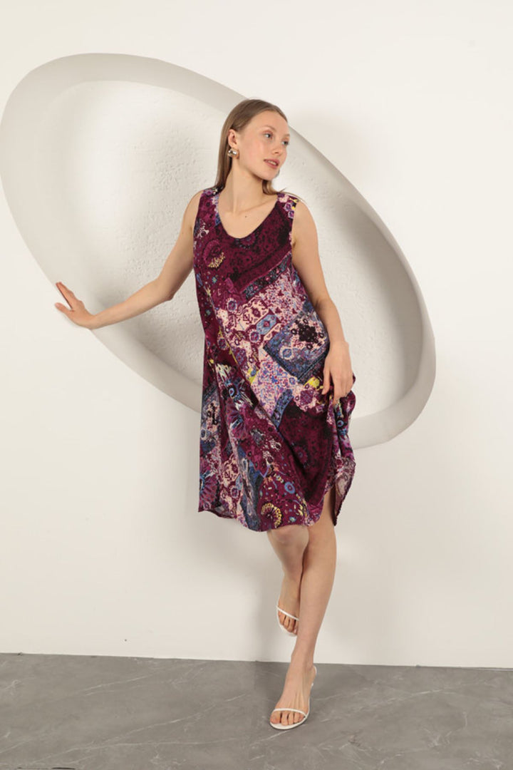 KKT Viscose Fabric Ethnic Patterned Dress-Purple - Stavroúpoli