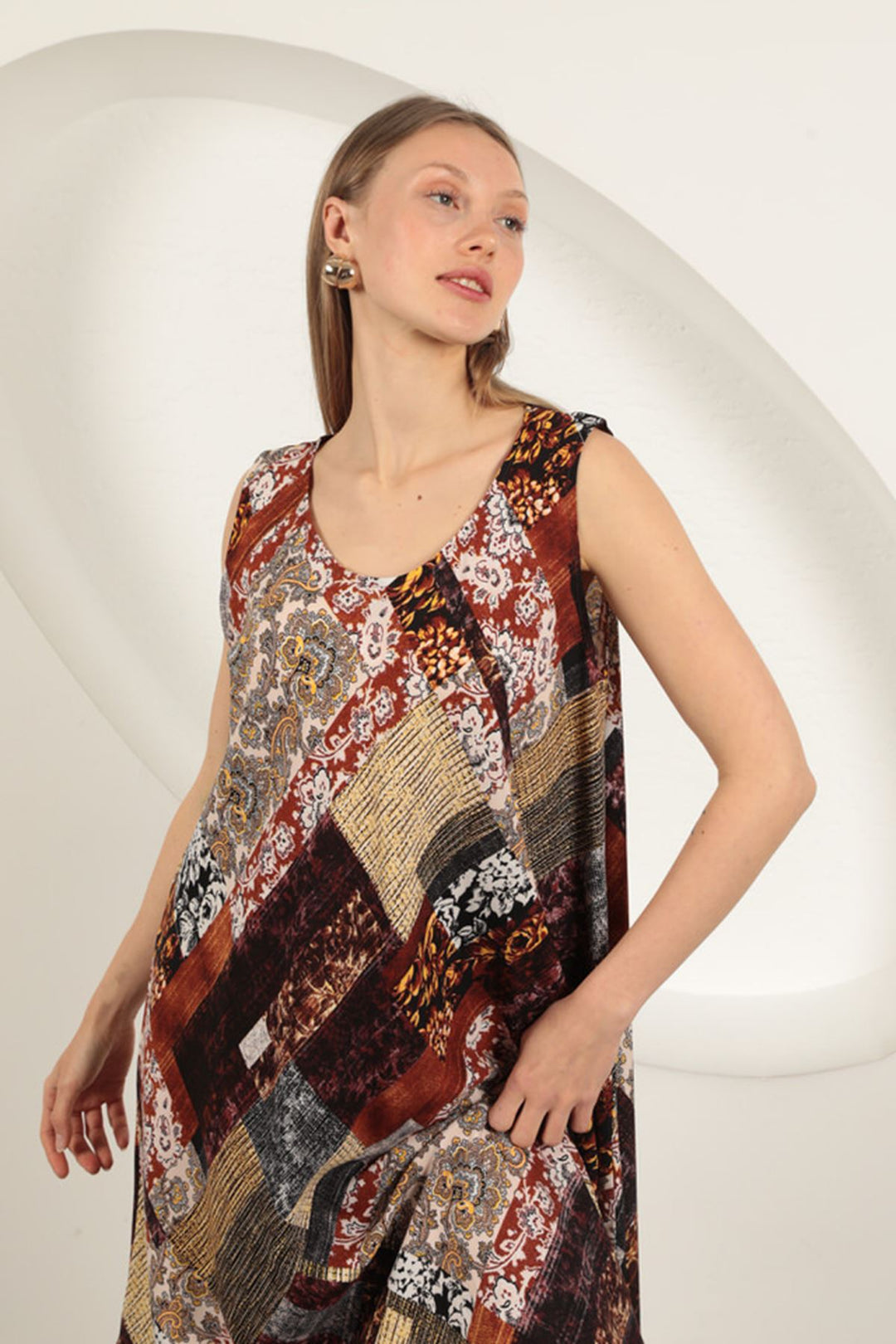 KKT Viscose Fabric Ethnic Patterned Dress-Orange - Santa Pola