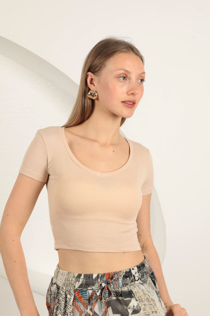 KKT V Neck Basic T-Shirt-Beige - Orem