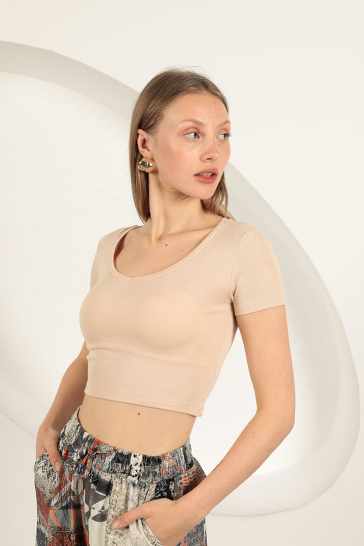 KKT V Neck Basic T-Shirt-Beige - Orem