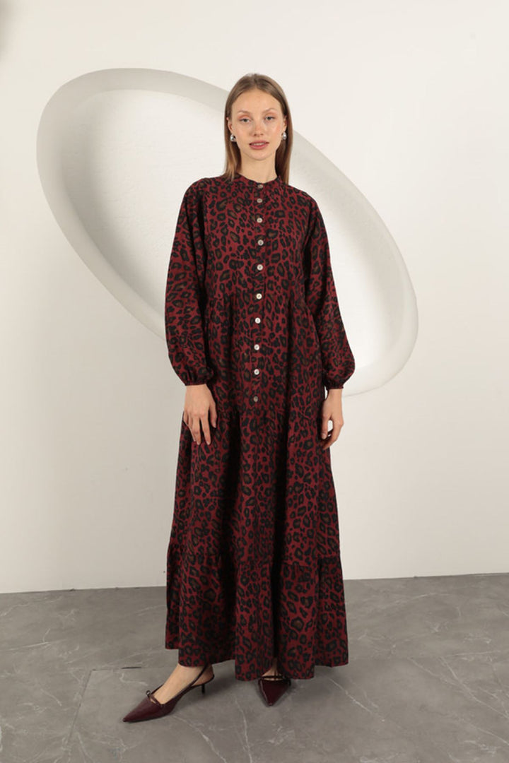 KKT Viscose Fabric Leopard Pattern Dress-Burgundy - Parsippany-Troy Hills