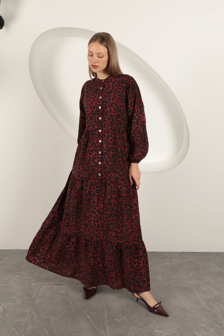 KKT Viscose Fabric Leopard Pattern Dress-Burgundy - Parsippany-Troy Hills