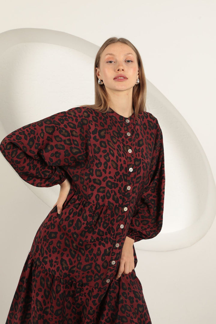 KKT Viscose Fabric Leopard Pattern Dress-Burgundy - Parsippany-Troy Hills