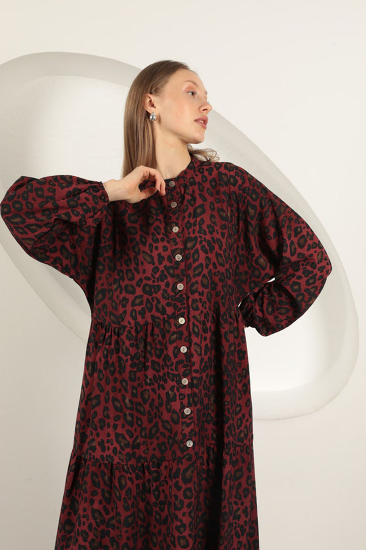 KKT Viscose Fabric Leopard Pattern Dress-Burgundy - Parsippany-Troy Hills