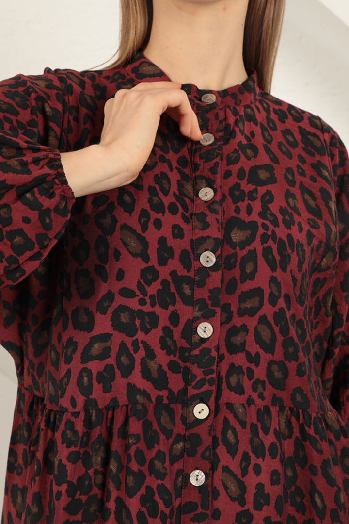 KKT Viscose Fabric Leopard Pattern Dress-Burgundy - Parsippany-Troy Hills