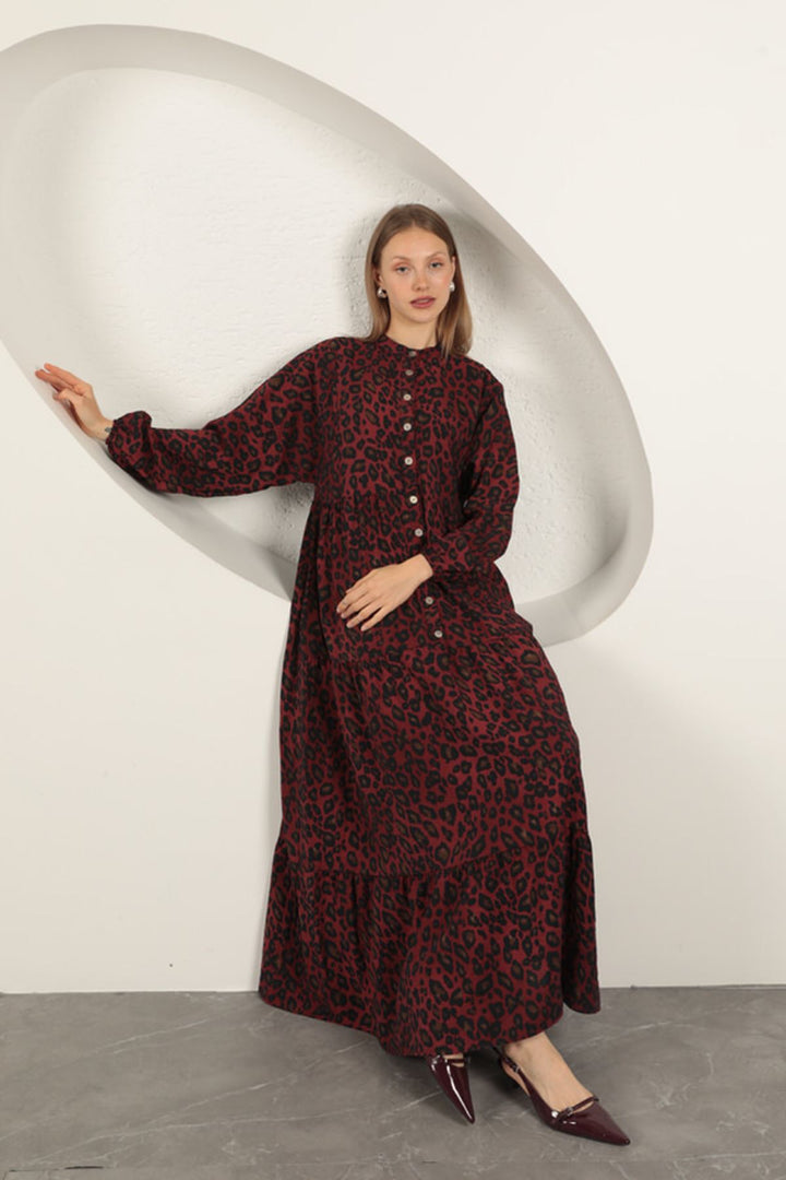 KKT Viscose Fabric Leopard Pattern Dress-Burgundy - Parsippany-Troy Hills