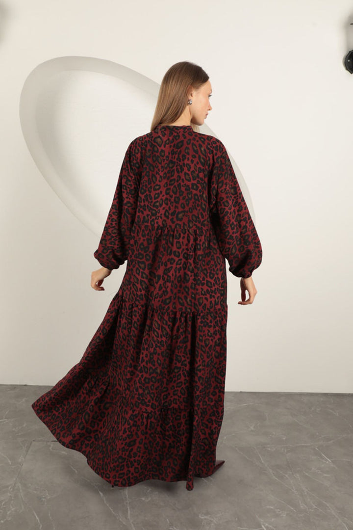 KKT Viscose Fabric Leopard Pattern Dress-Burgundy - Parsippany-Troy Hills