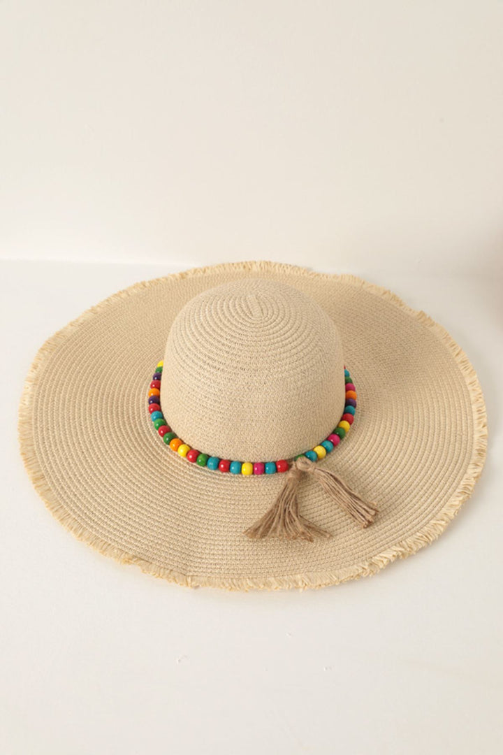 KKT Straw Hat with Beaded Stone Accessory-Beige - Charlotte