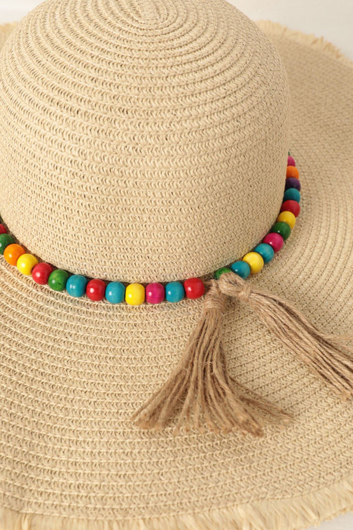 KKT Straw Hat with Beaded Stone Accessory-Beige - Charlotte
