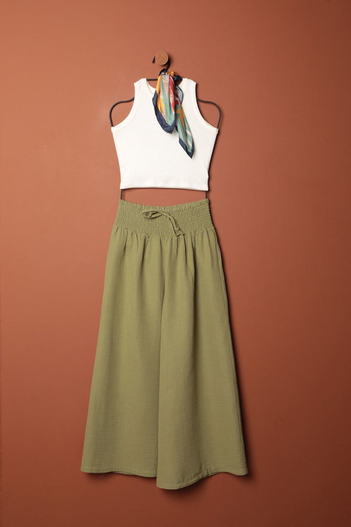 KKT Muslin Fabric Wide Trousers-Khaki - Chalco