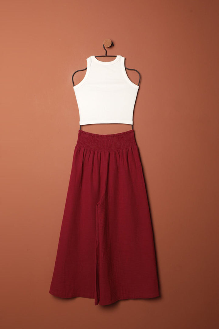 KKT Muslin Fabric Wide Trousers-Burgundy - Wake Forest