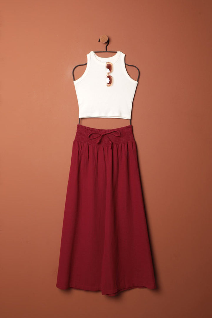 KKT Muslin Fabric Wide Trousers-Burgundy - Wake Forest
