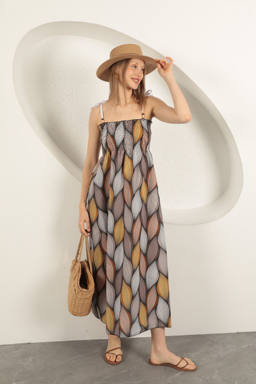 KKT Linen Fabric Patterned Dress-Coffee - Colombes