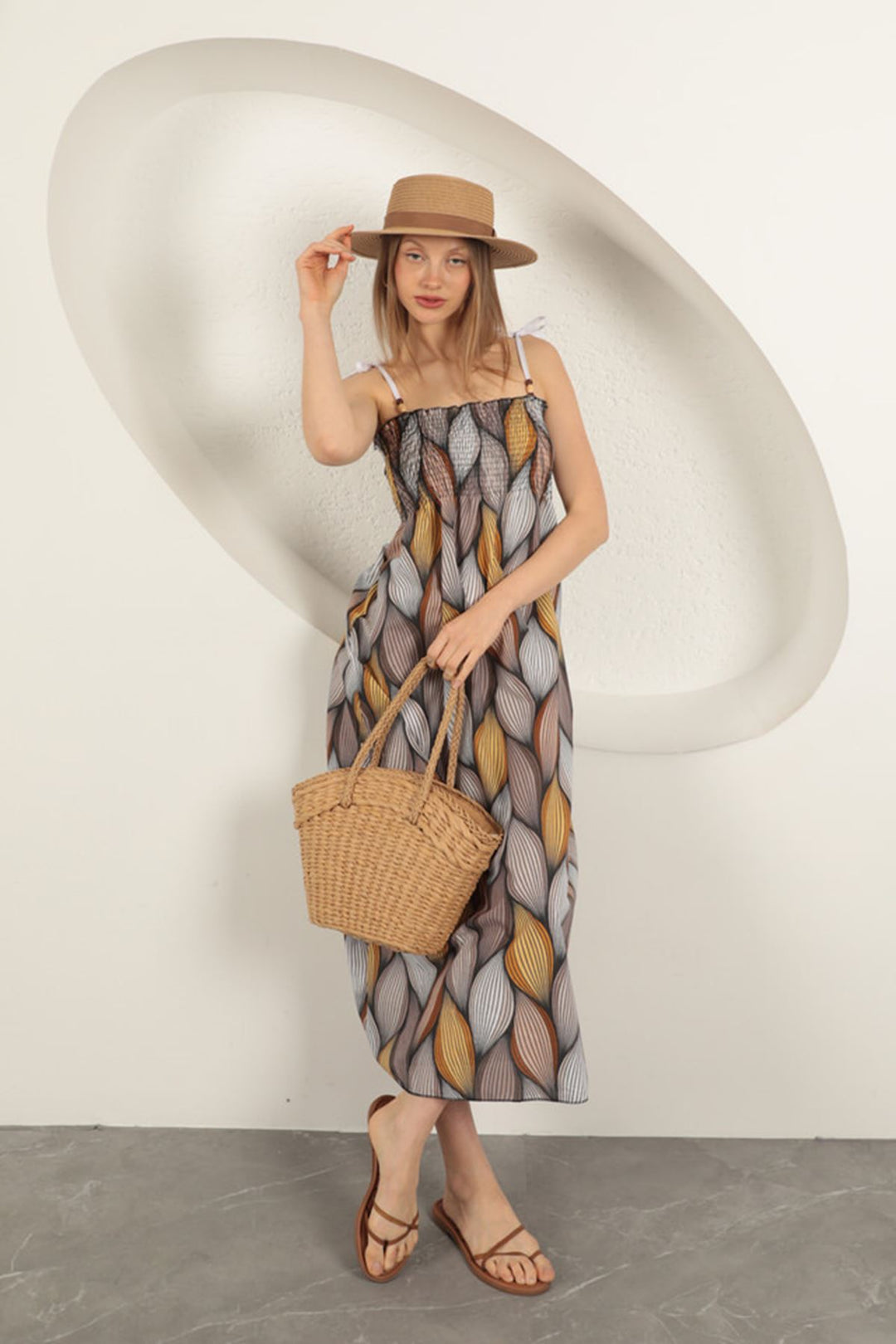 KKT Linen Fabric Patterned Dress-Coffee - Colombes