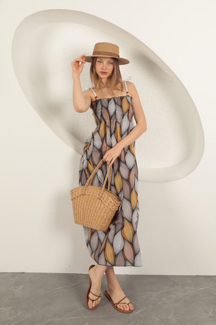 KKT Linen Fabric Patterned Dress-Coffee - Colombes