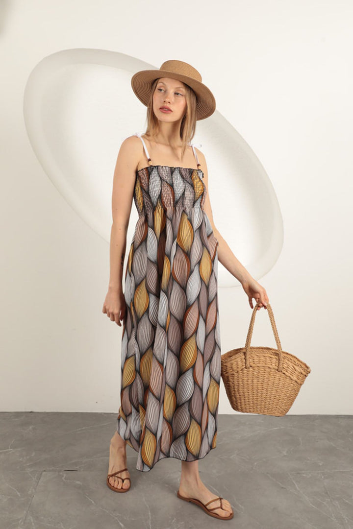 KKT Linen Fabric Patterned Dress-Coffee - Colombes