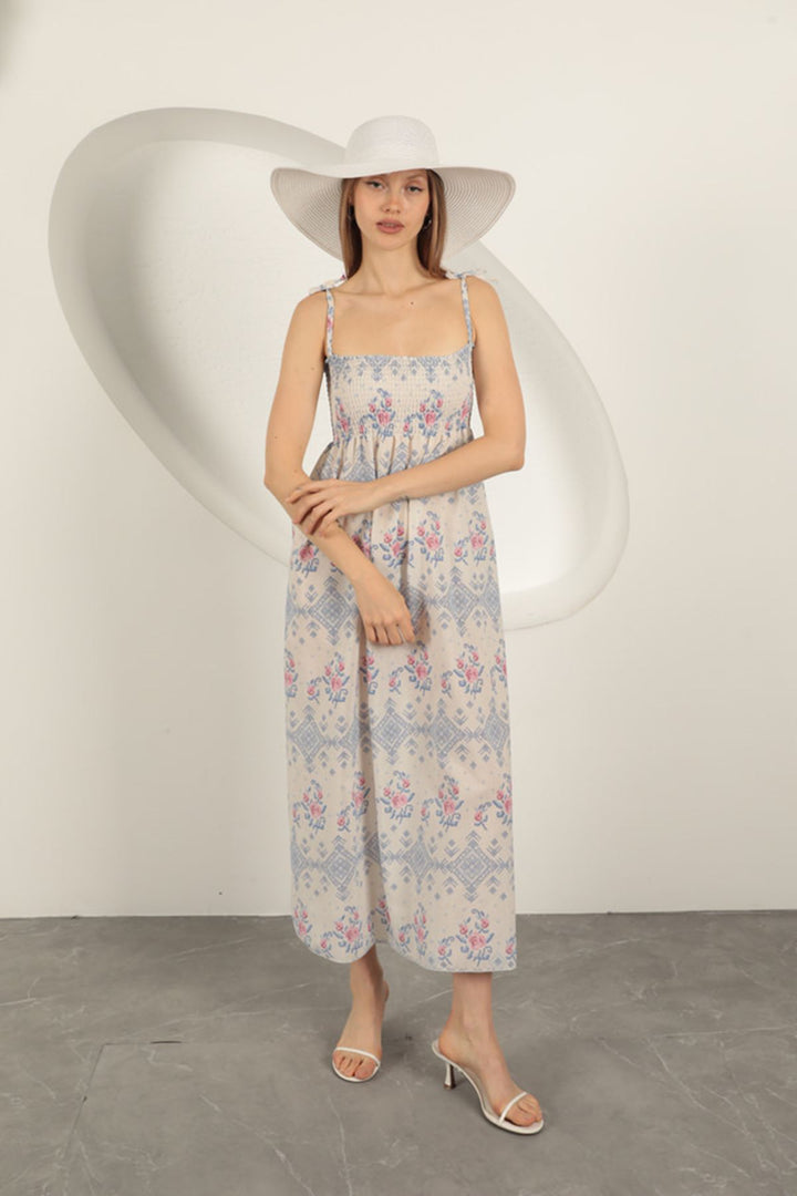 KKT Knitted Fabric Floral Patterned Strap Dress-Sax - Naperville
