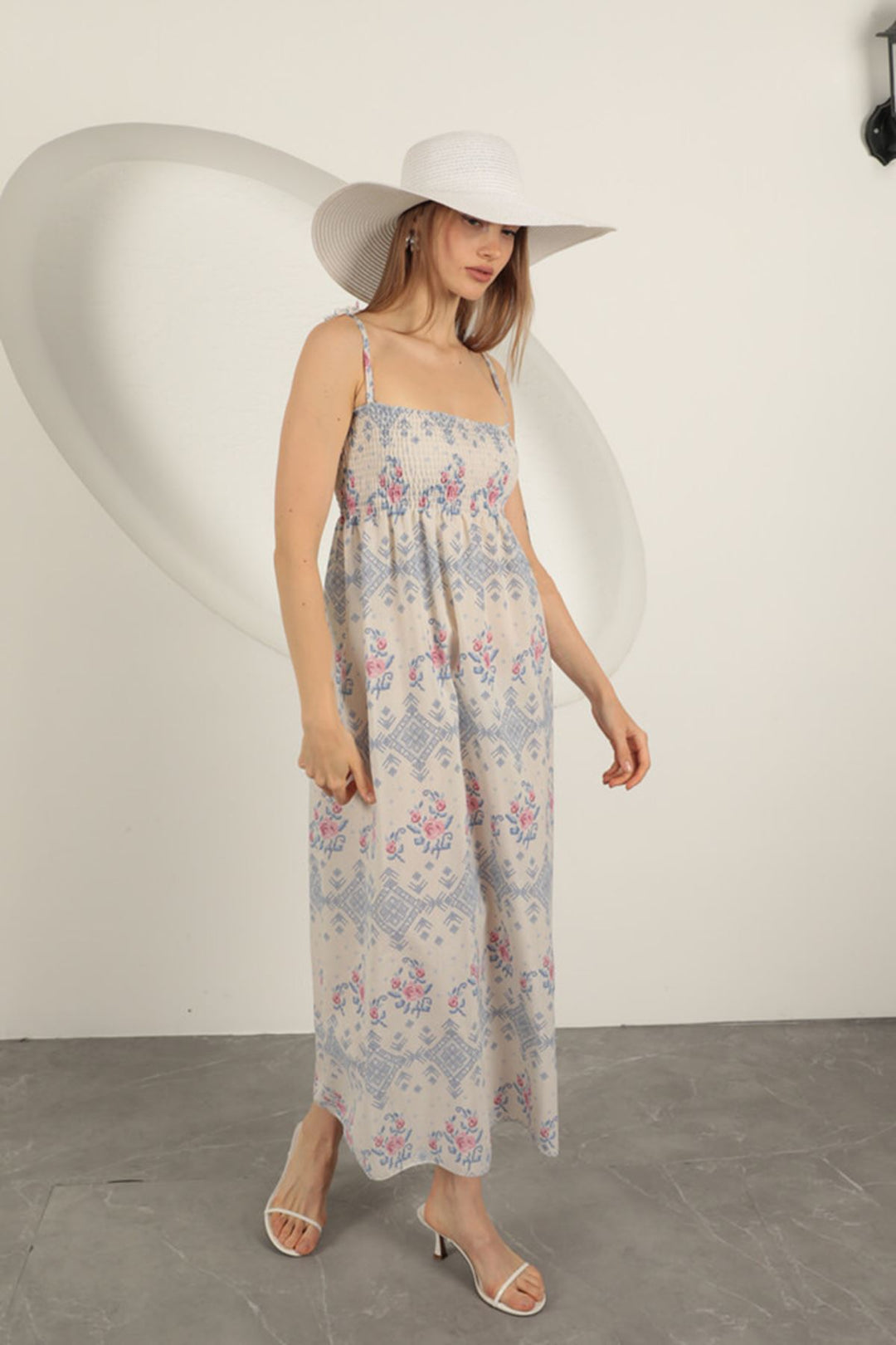 KKT Knitted Fabric Floral Patterned Strap Dress-Sax - Naperville