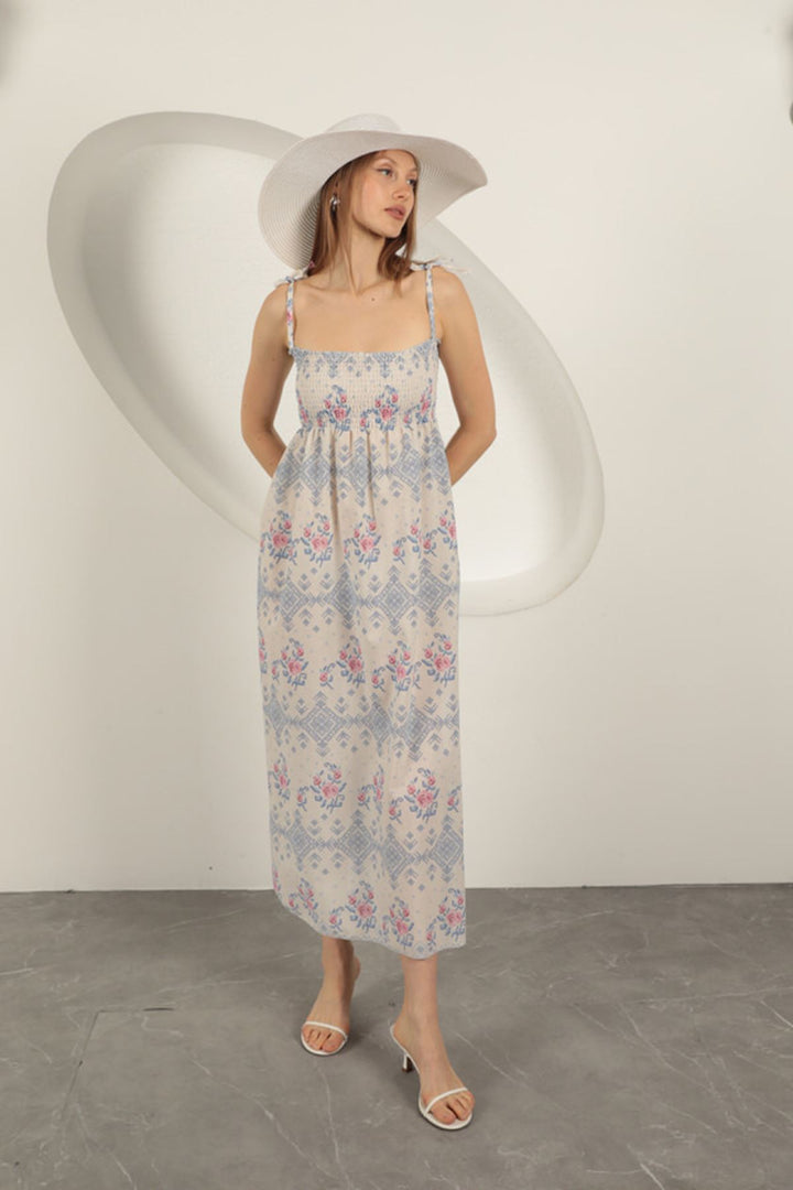 KKT Knitted Fabric Floral Patterned Strap Dress-Sax - Naperville