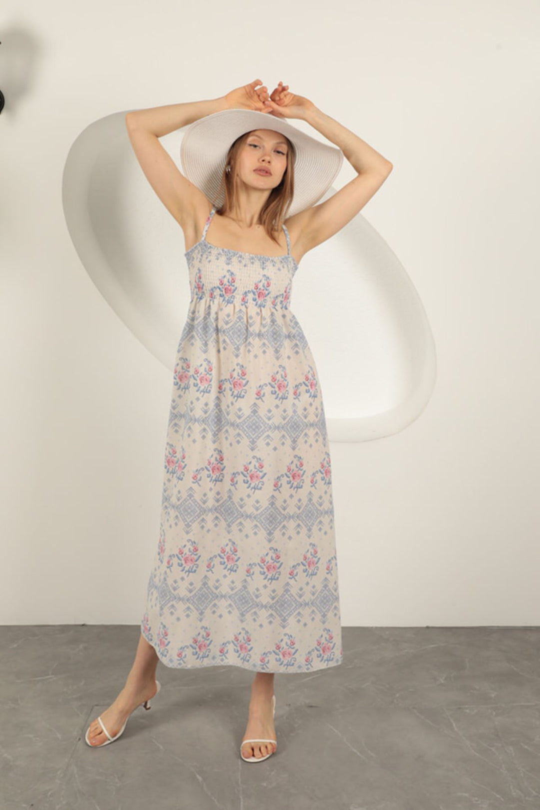 KKT Knitted Fabric Floral Patterned Strap Dress-Sax - Naperville