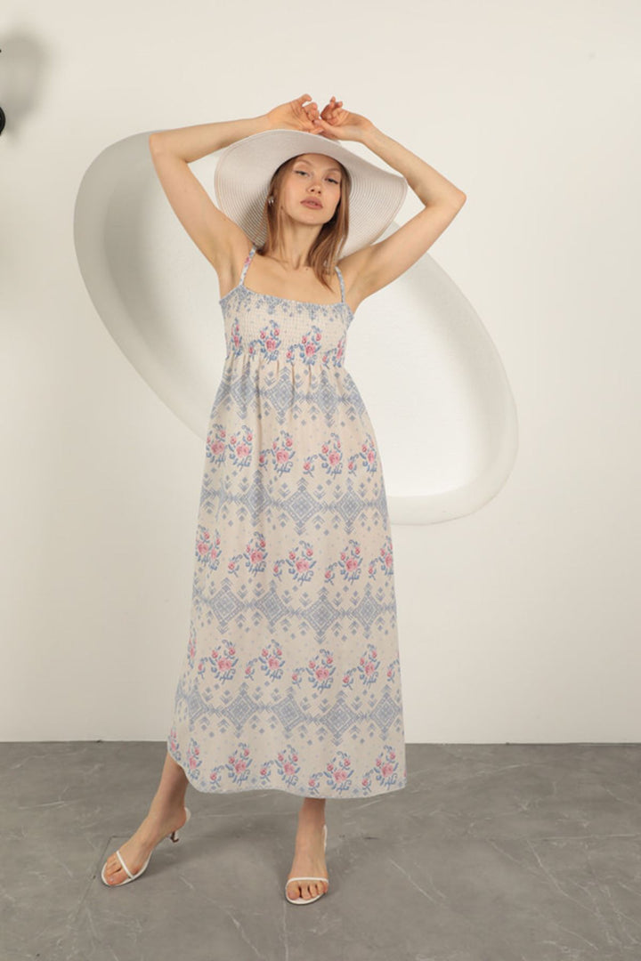 KKT Knitted Fabric Floral Patterned Strap Dress-Sax - Naperville